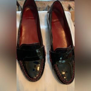 Cole Haan Black Patent Leather Penny Loafers with Red Stitching